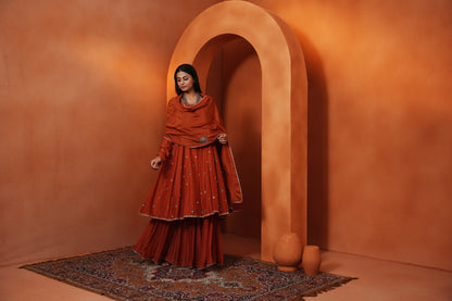 Kachcha Apricot Kalidar Sequins Kurta and Sharara Set