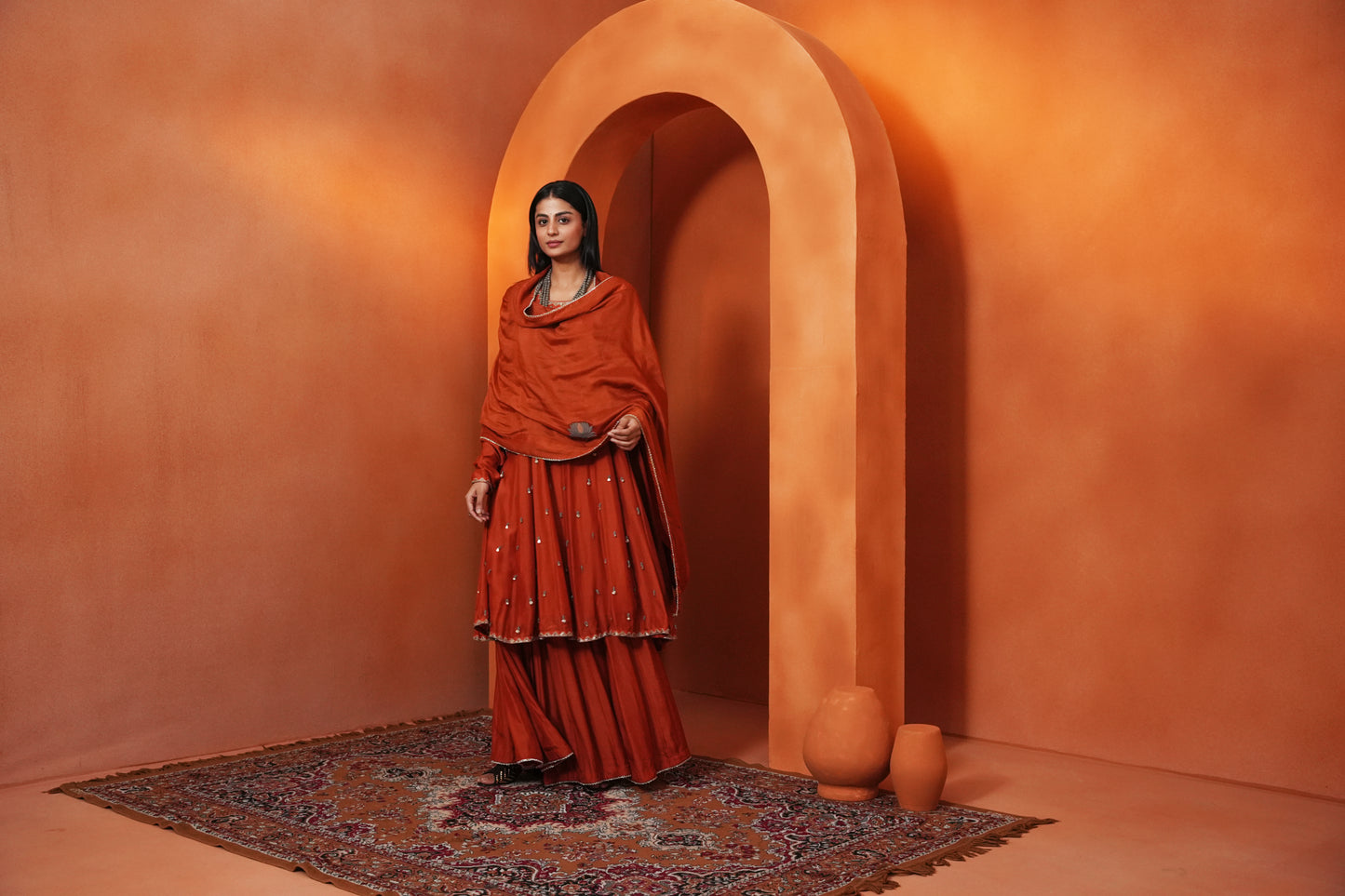Kachcha Apricot Kalidar Sequins Kurta and Sharara Set