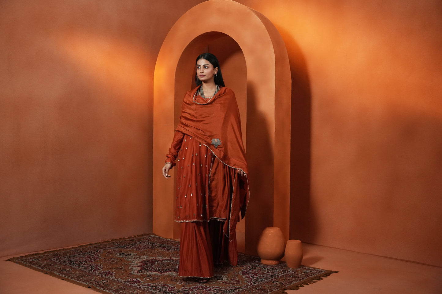 Kachcha Apricot Kalidar Sequins Kurta and Sharara Set