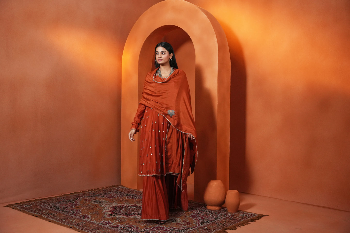 Kachcha Apricot Kalidar Sequins Kurta and Sharara Set