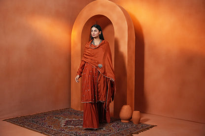 Kachcha Apricot Kalidar Sequins Kurta and Sharara Set
