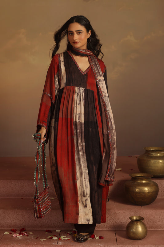 Kripa Blood Red Geometrical Ajrakh ALine Gathered Kurta Set