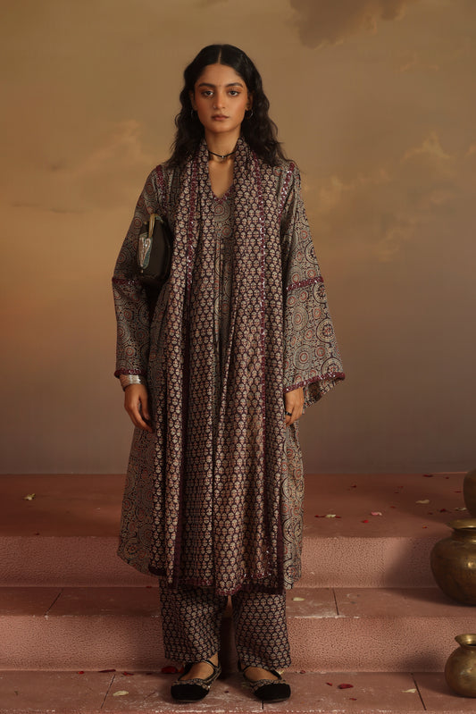 Kripa Ajrakh Purple A-Line Gathered Kurta Set
