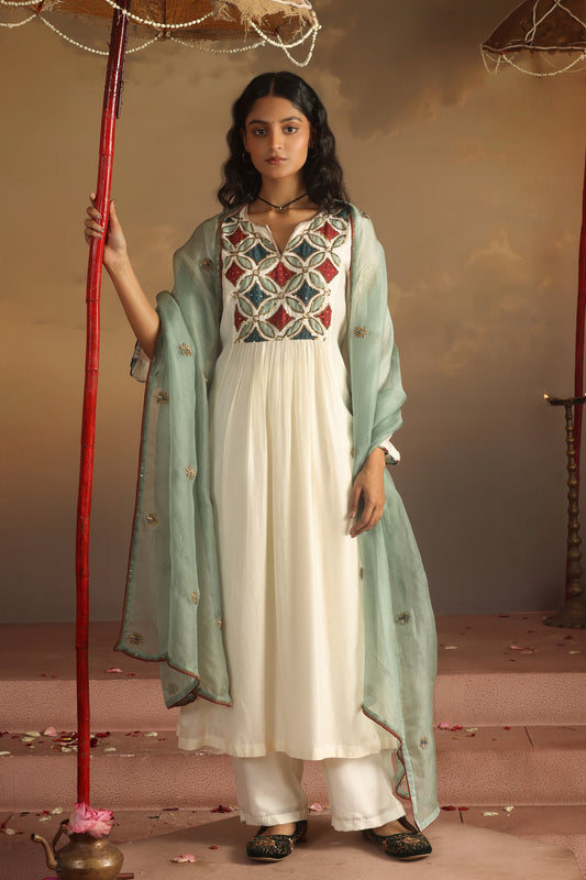 Kripa Ivory Applique Yoke Kurta Set