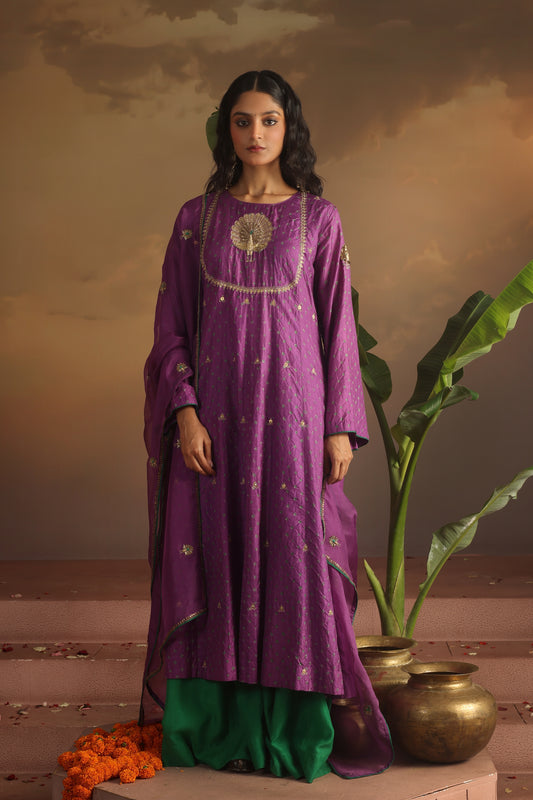 Kripa Purple Bandhej Peacock Yoke Kurta Set