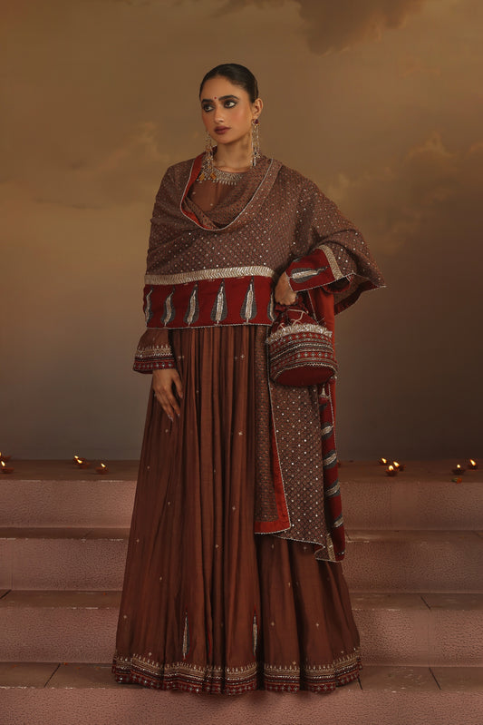 Kripa Ajrakh Red Koti Taupe Anarkali