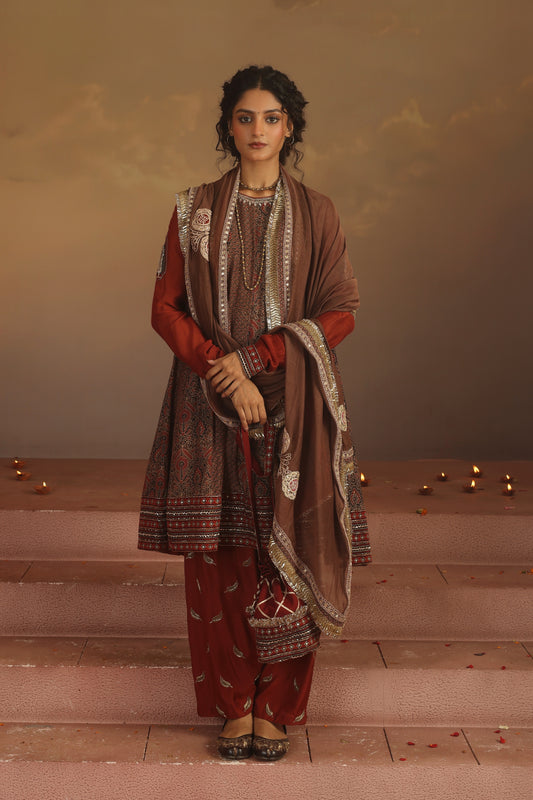 Kripa Red and Taupe A-Line Kalidar Set