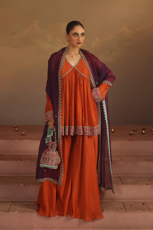 Kripa Apricot Cross Border V-Neck Embroidered Sharara Set