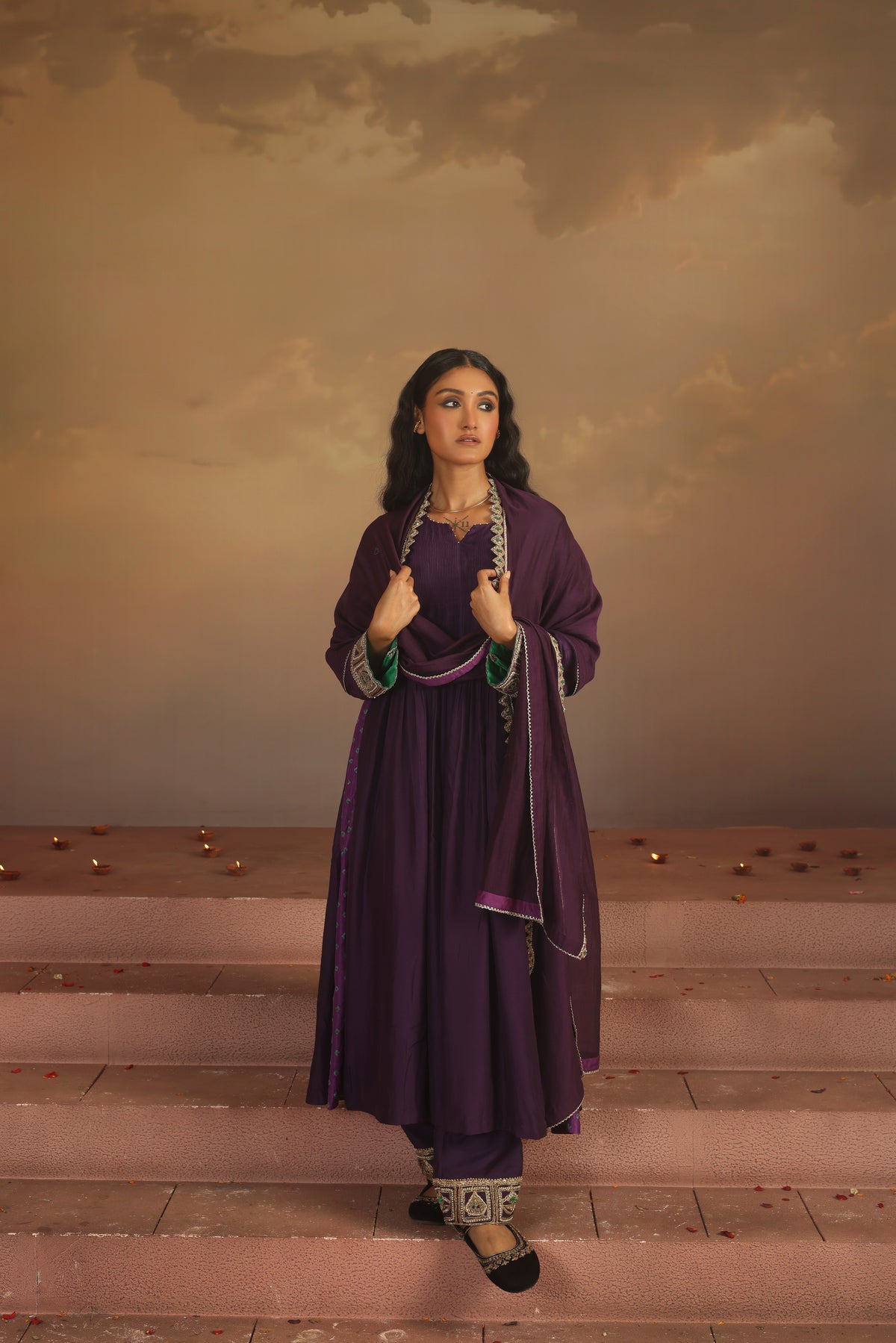 Kripa Purple Pintuck A-Line Kurta Set