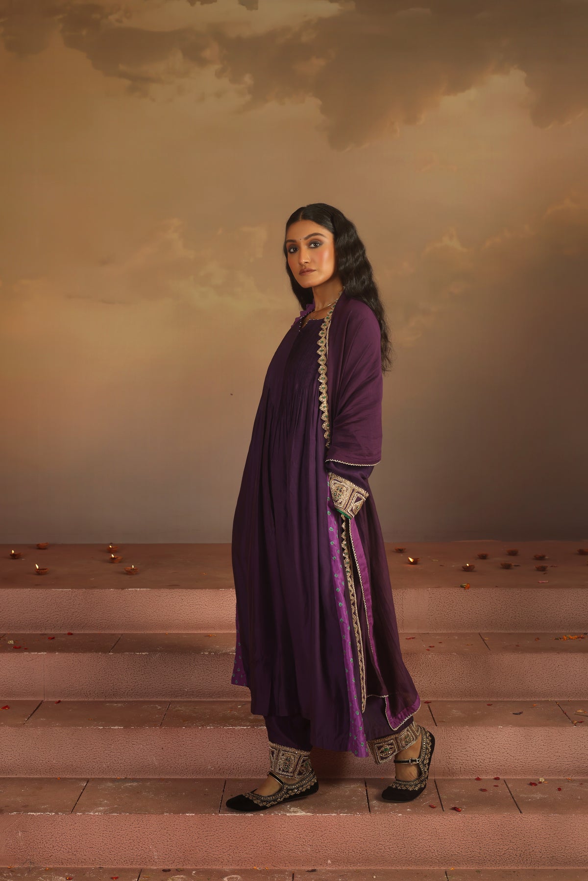 Kripa Purple Pintuck A-Line Kurta Set