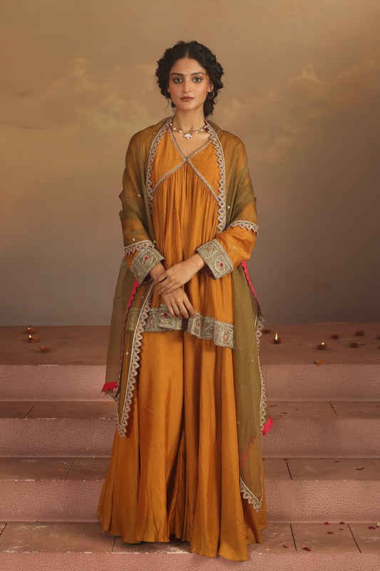 Kripa Mustard Cross Border V-Neck Embroidered Sharara Set