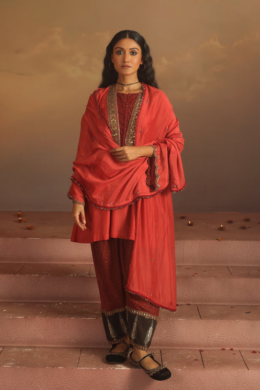 Kripa Red Coral Embroidered Yoke Kurta Set