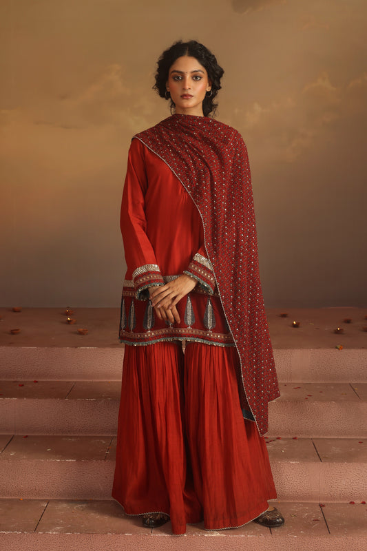 Kripa Red Ajrakh Gharara Set