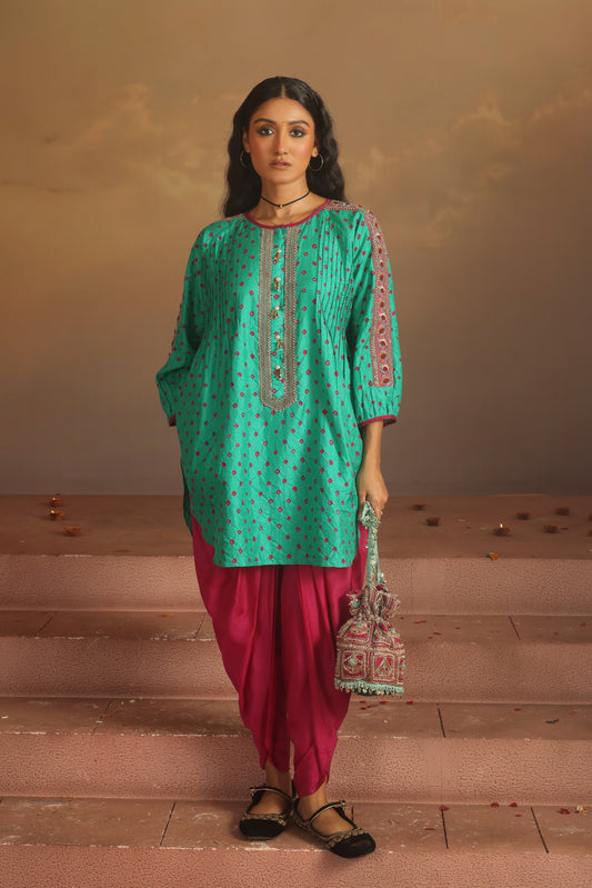 Kripa Green Bandhej Short Kurta Dhoti Pant Set