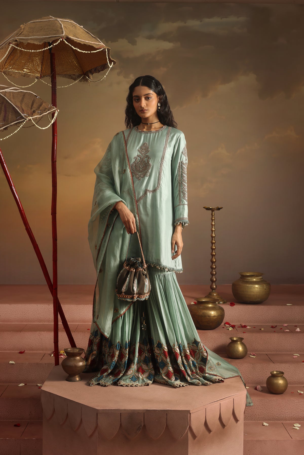 Kripa Blue Haze Kurta Applique Gharara Set