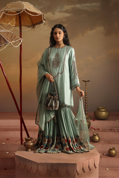 Kripa Blue Haze Kurta Applique Gharara Set