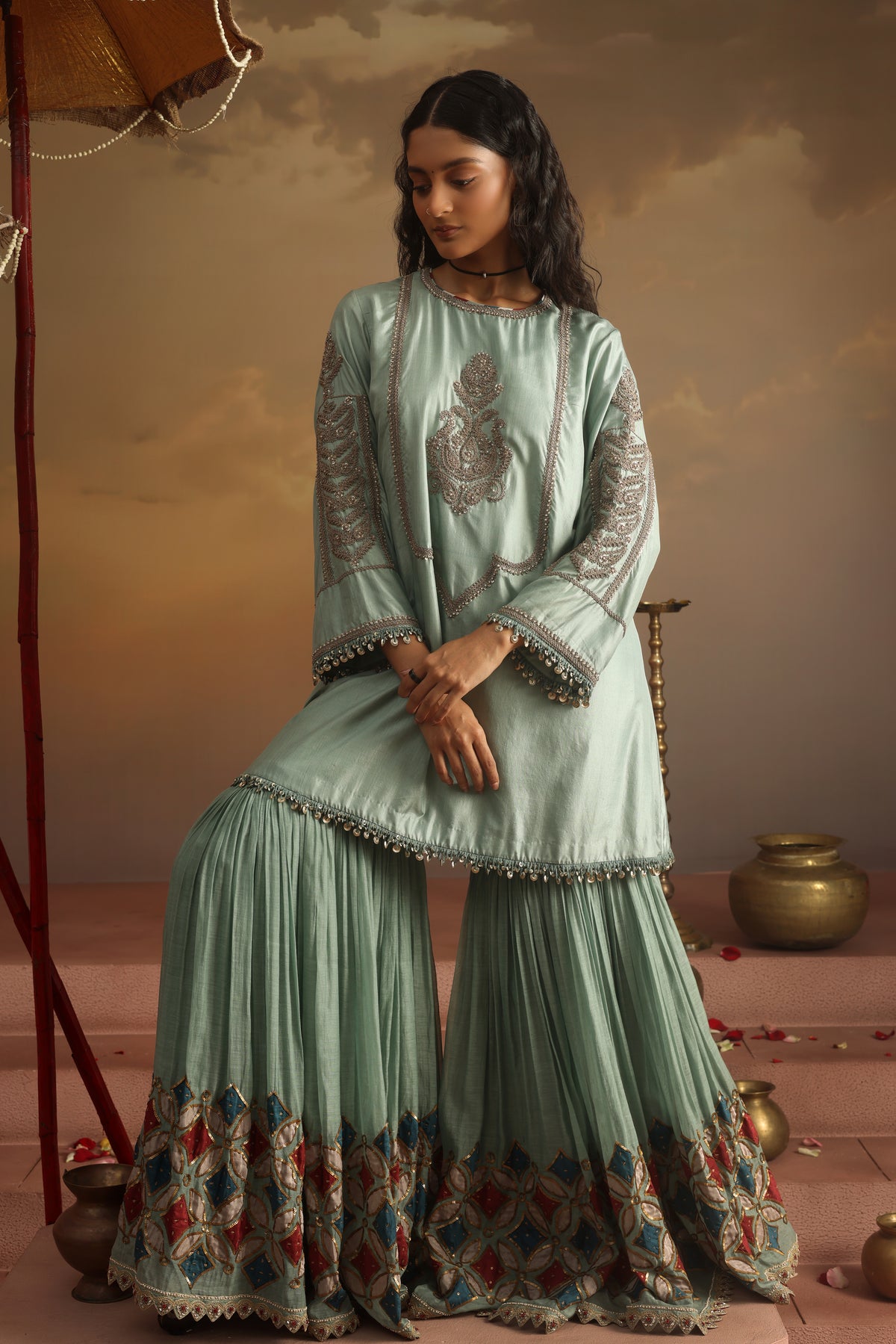 Kripa Blue Haze Kurta Applique Gharara Set