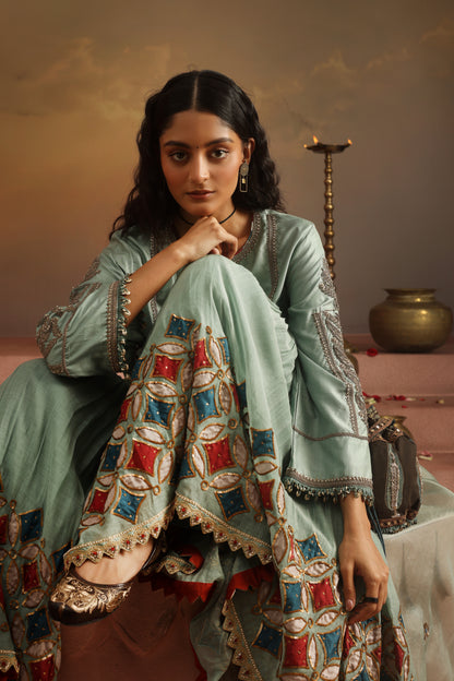Kripa Blue Haze Kurta Applique Gharara Set
