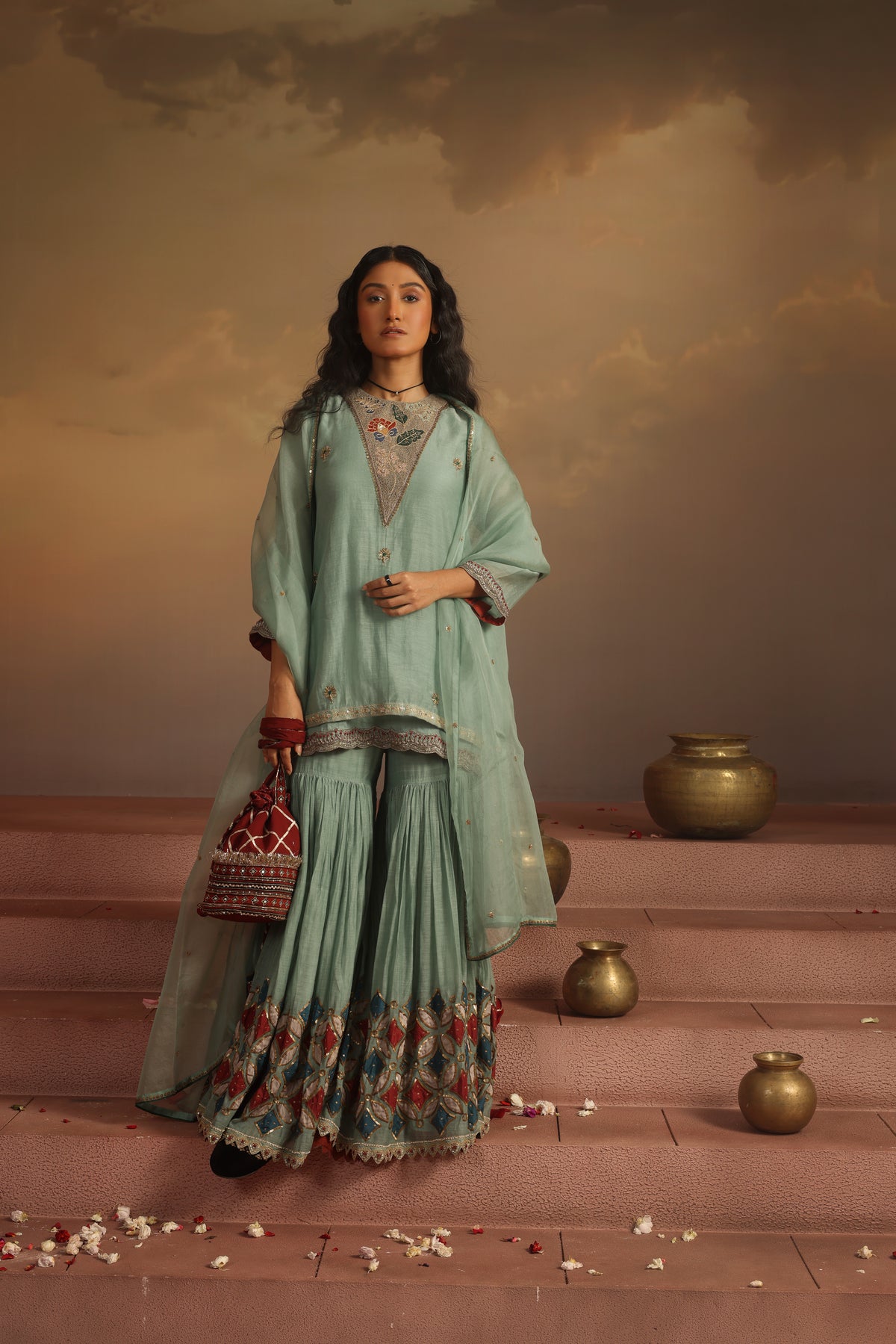 Kripa Blue Haze Double Layered Short Kurta Gharara Set