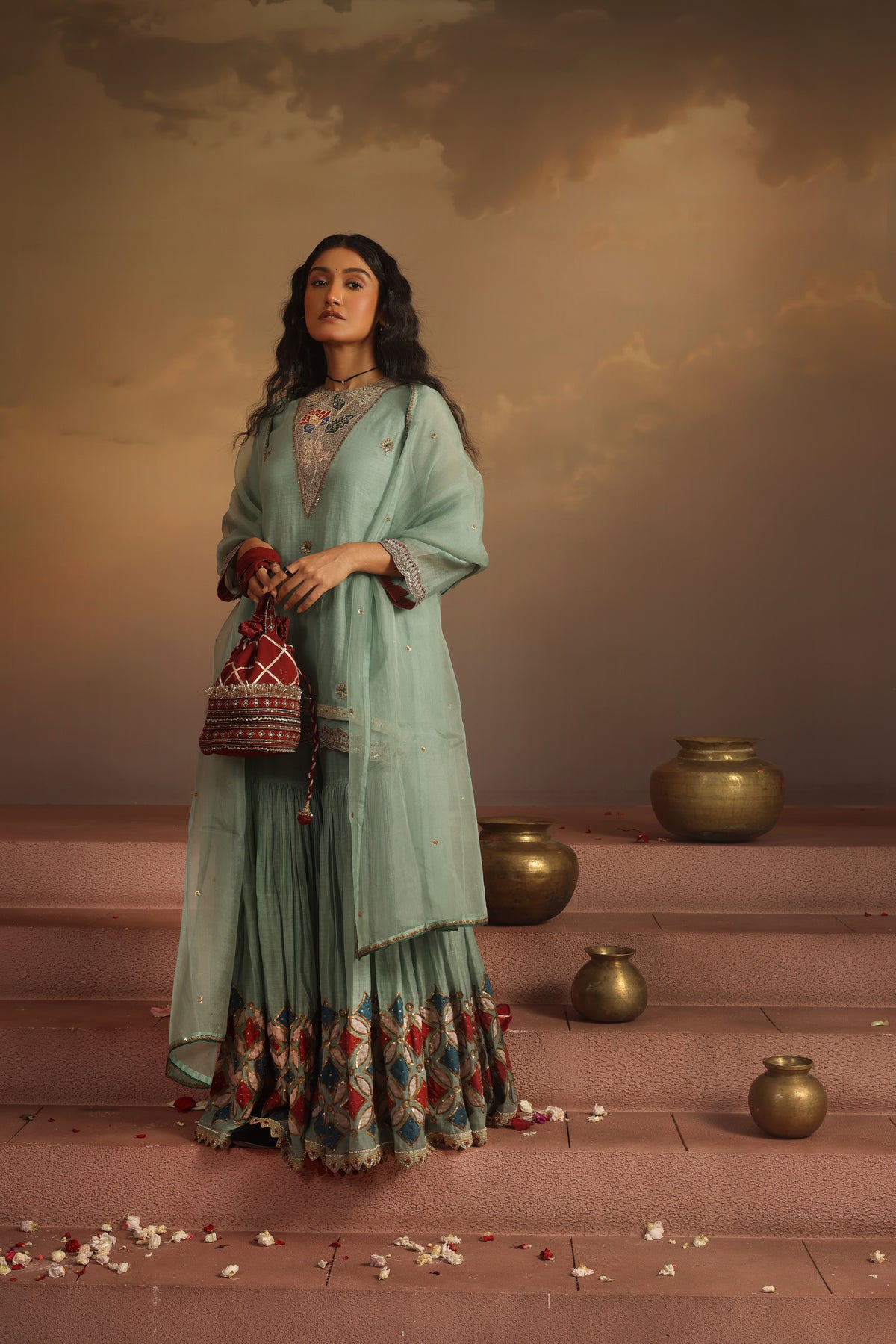 Kripa Blue Haze Double Layered Short Kurta Gharara Set