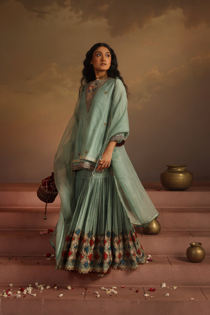 Kripa Blue Haze Double Layered Short Kurta Gharara Set