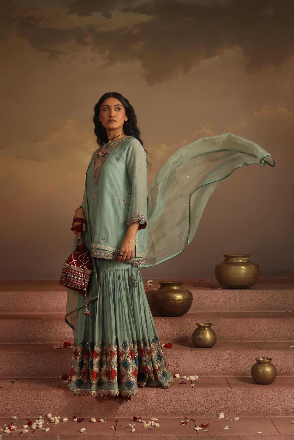 Kripa Blue Haze Double Layered Short Kurta Gharara Set