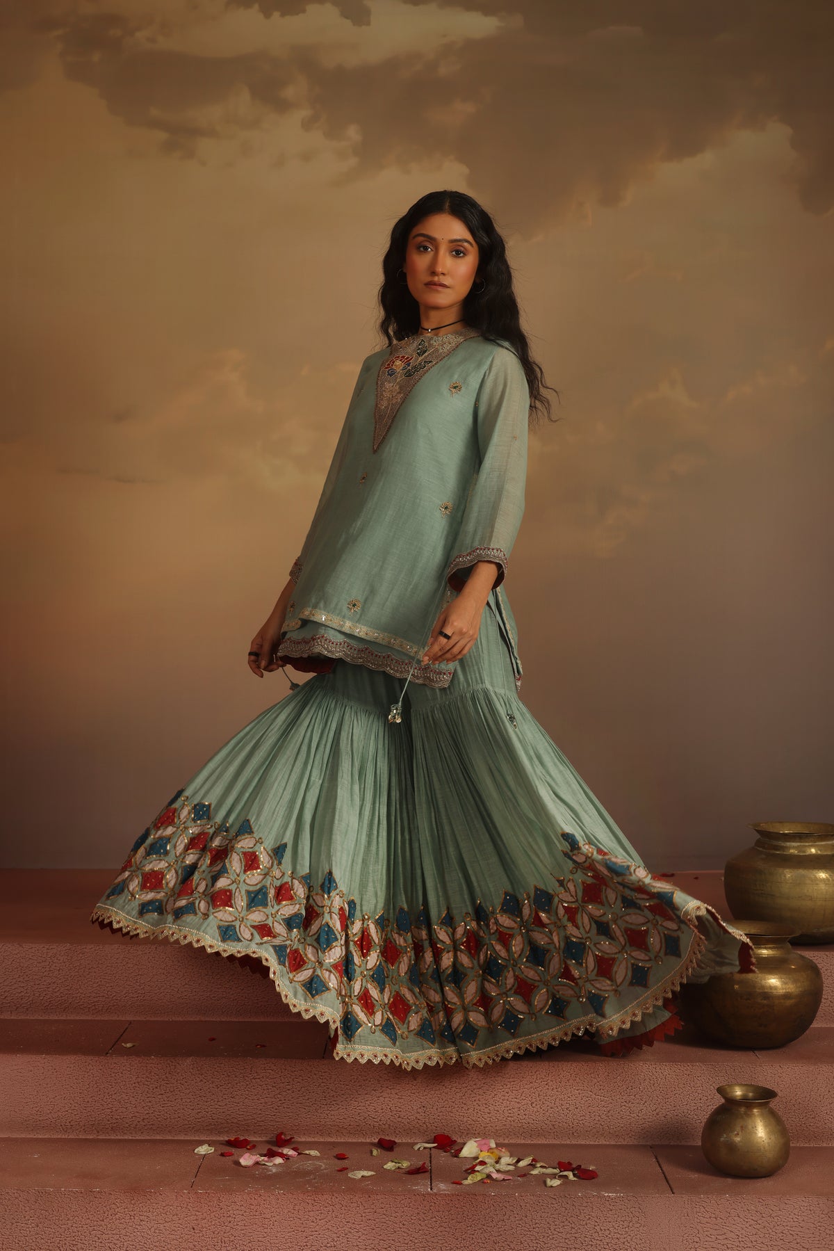 Kripa Blue Haze Double Layered Short Kurta Gharara Set