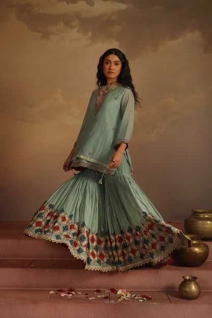 Kripa Blue Haze Double Layered Short Kurta Gharara Set