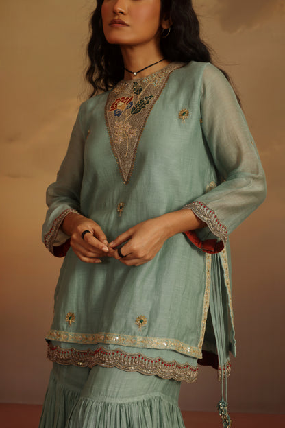 Kripa Blue Haze Double Layered Short Kurta Gharara Set