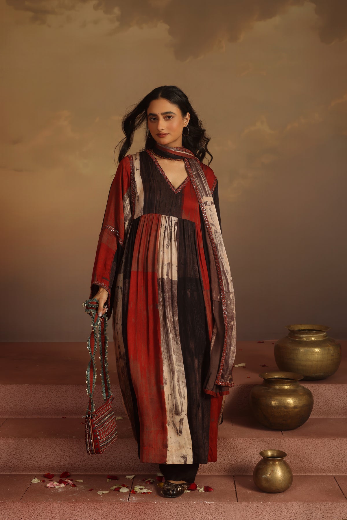 Kripa Blood Red Geometrical Ajrakh ALine Gathered Kurta Set