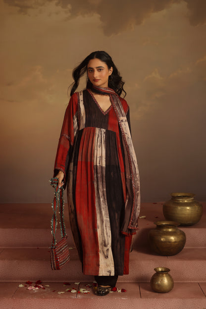 Kripa Blood Red Geometrical Ajrakh ALine Gathered Kurta Set