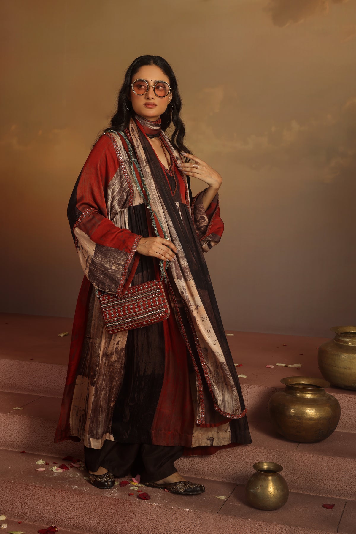 Kripa Blood Red Geometrical Ajrakh ALine Gathered Kurta Set