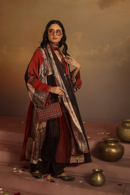 Kripa Blood Red Geometrical Ajrakh ALine Gathered Kurta Set