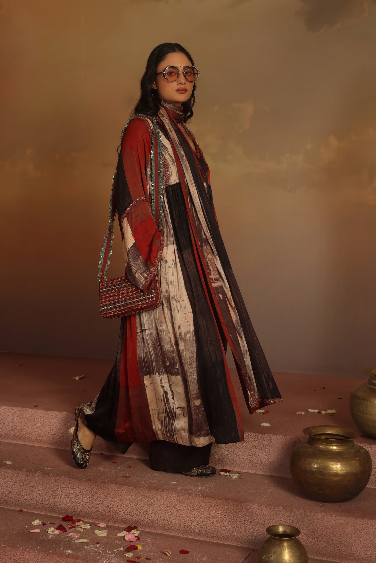 Kripa Blood Red Geometrical Ajrakh ALine Gathered Kurta Set