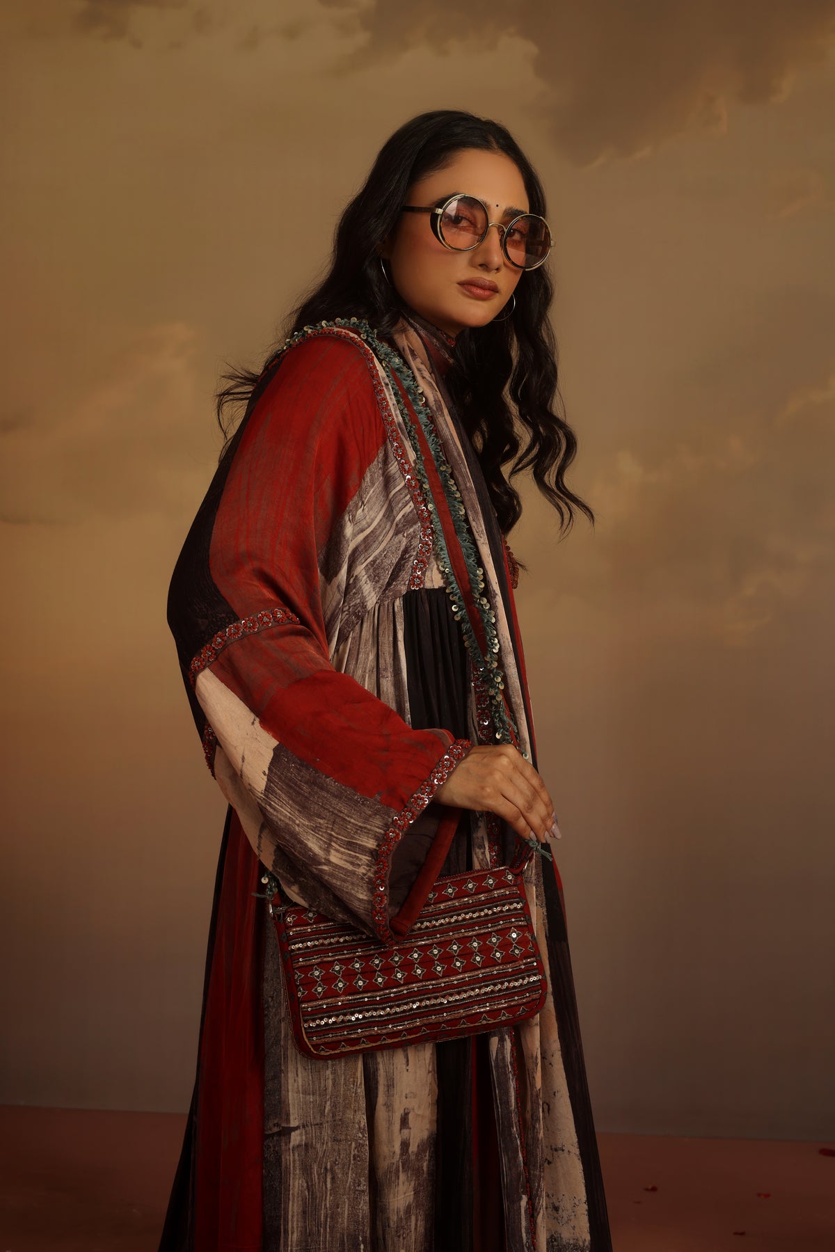 Kripa Blood Red Geometrical Ajrakh ALine Gathered Kurta Set