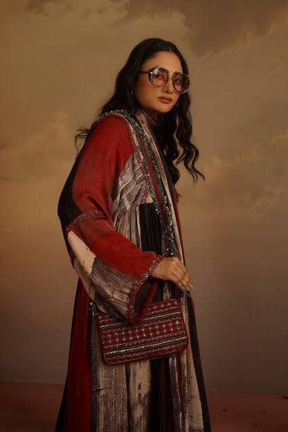 Kripa Blood Red Geometrical Ajrakh ALine Gathered Kurta Set