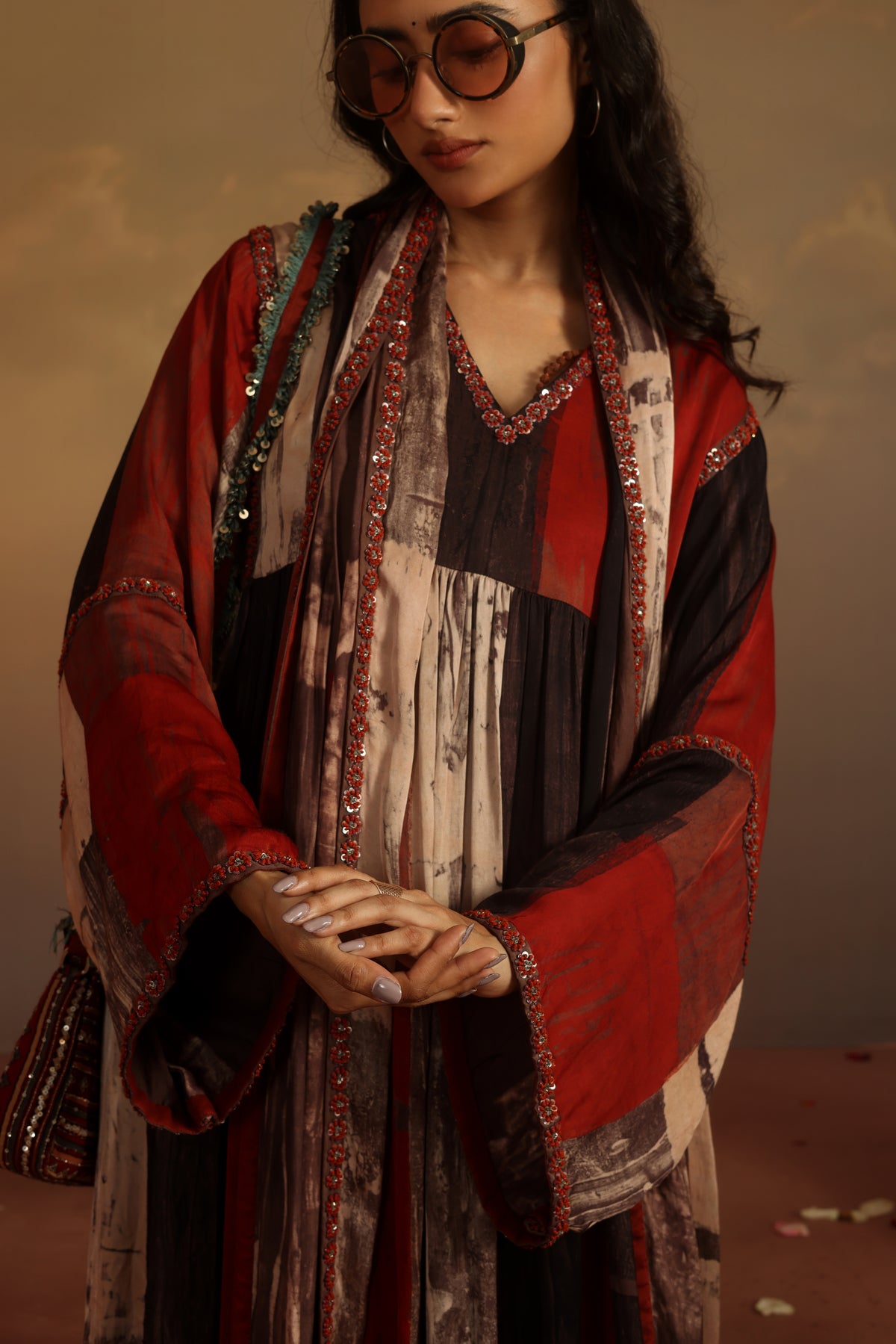 Kripa Blood Red Geometrical Ajrakh ALine Gathered Kurta Set
