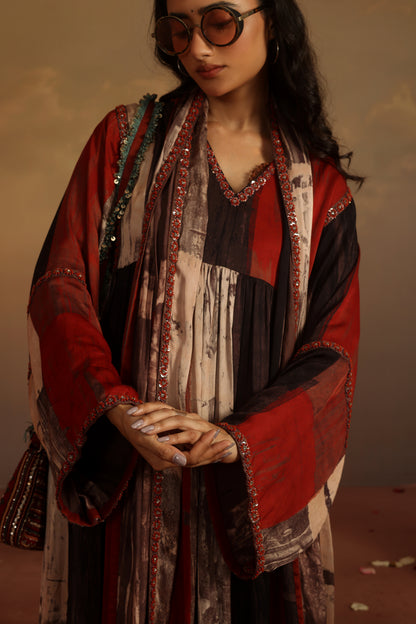 Kripa Blood Red Geometrical Ajrakh ALine Gathered Kurta Set
