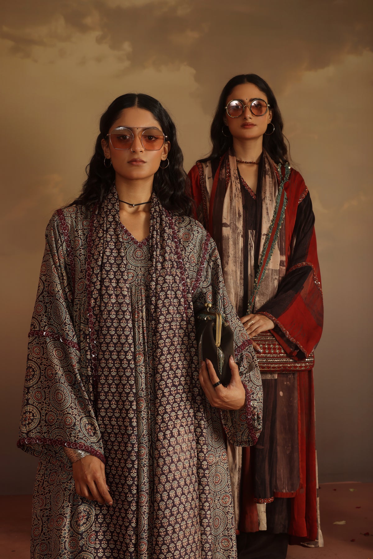 Kripa Blood Red Geometrical Ajrakh ALine Gathered Kurta Set