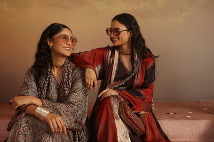 Kripa Blood Red Geometrical Ajrakh ALine Gathered Kurta Set