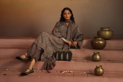 Kripa Ajrakh Purple Ajrakh Purple A-Line Gathered Kurta Set