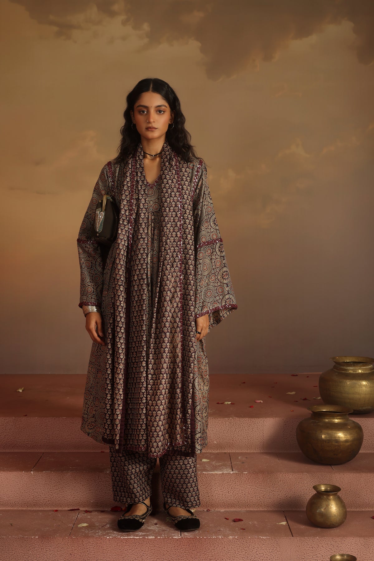 Kripa Ajrakh Purple Ajrakh Purple A-Line Gathered Kurta Set