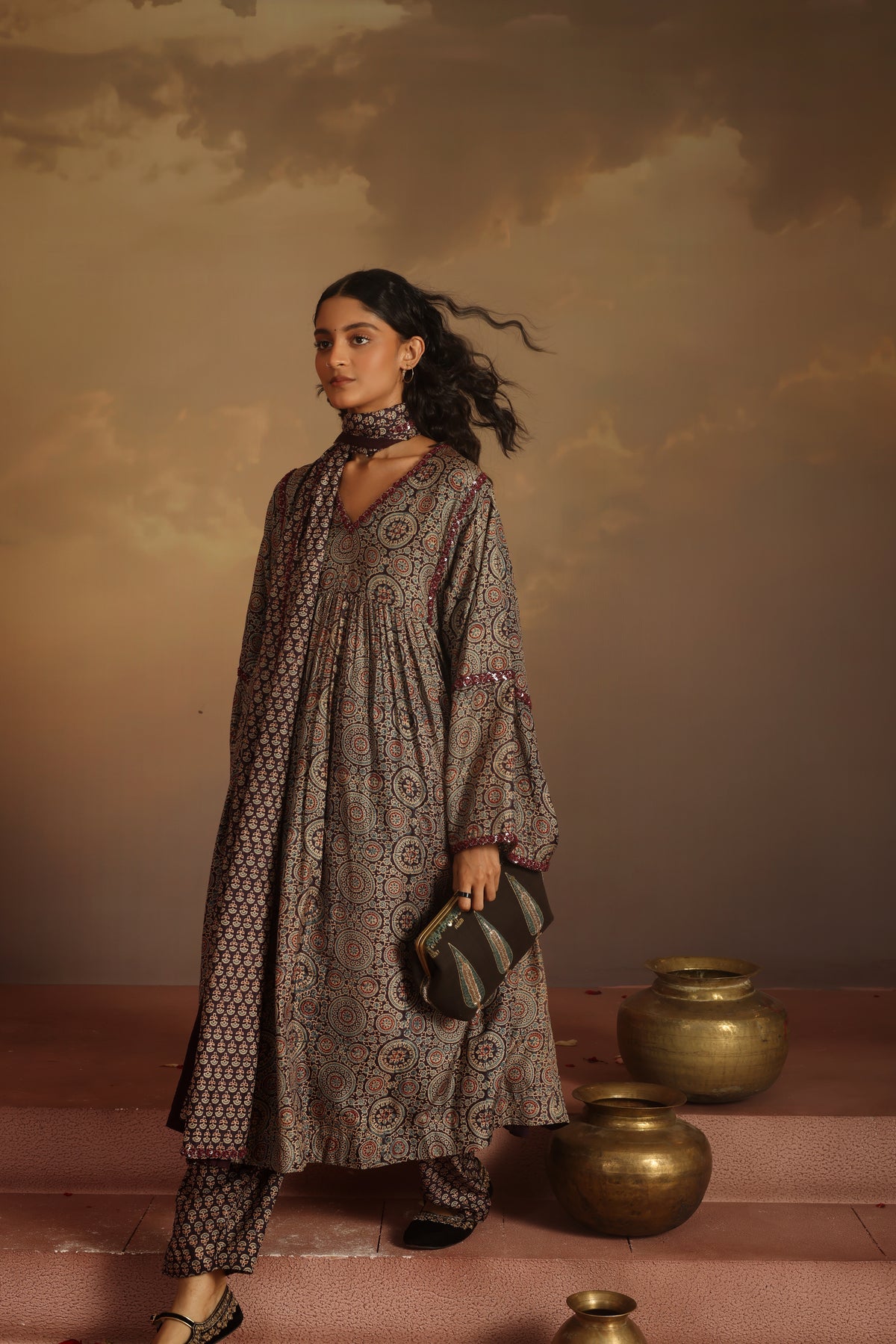 Kripa Ajrakh Purple Ajrakh Purple A-Line Gathered Kurta Set