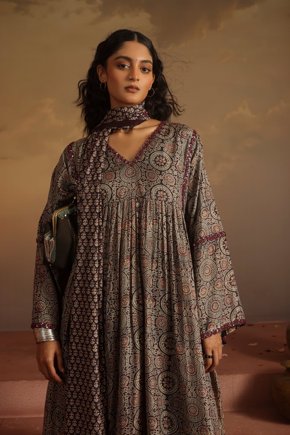 Kripa Ajrakh Purple Ajrakh Purple A-Line Gathered Kurta Set