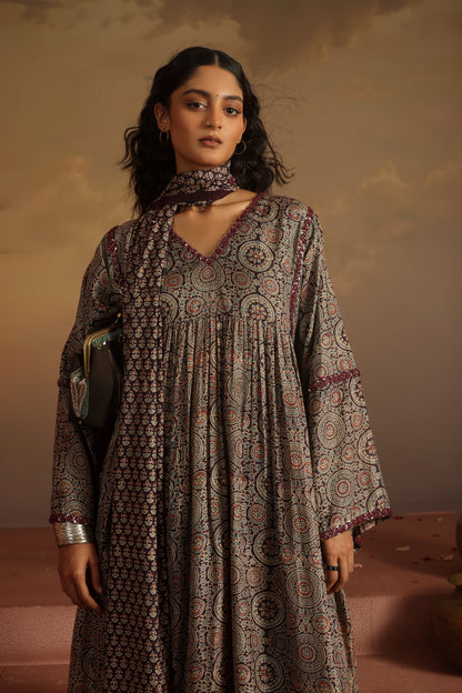 Kripa Ajrakh Purple Ajrakh Purple A-Line Gathered Kurta Set