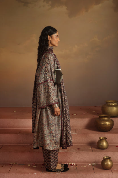 Kripa Ajrakh Purple Ajrakh Purple A-Line Gathered Kurta Set