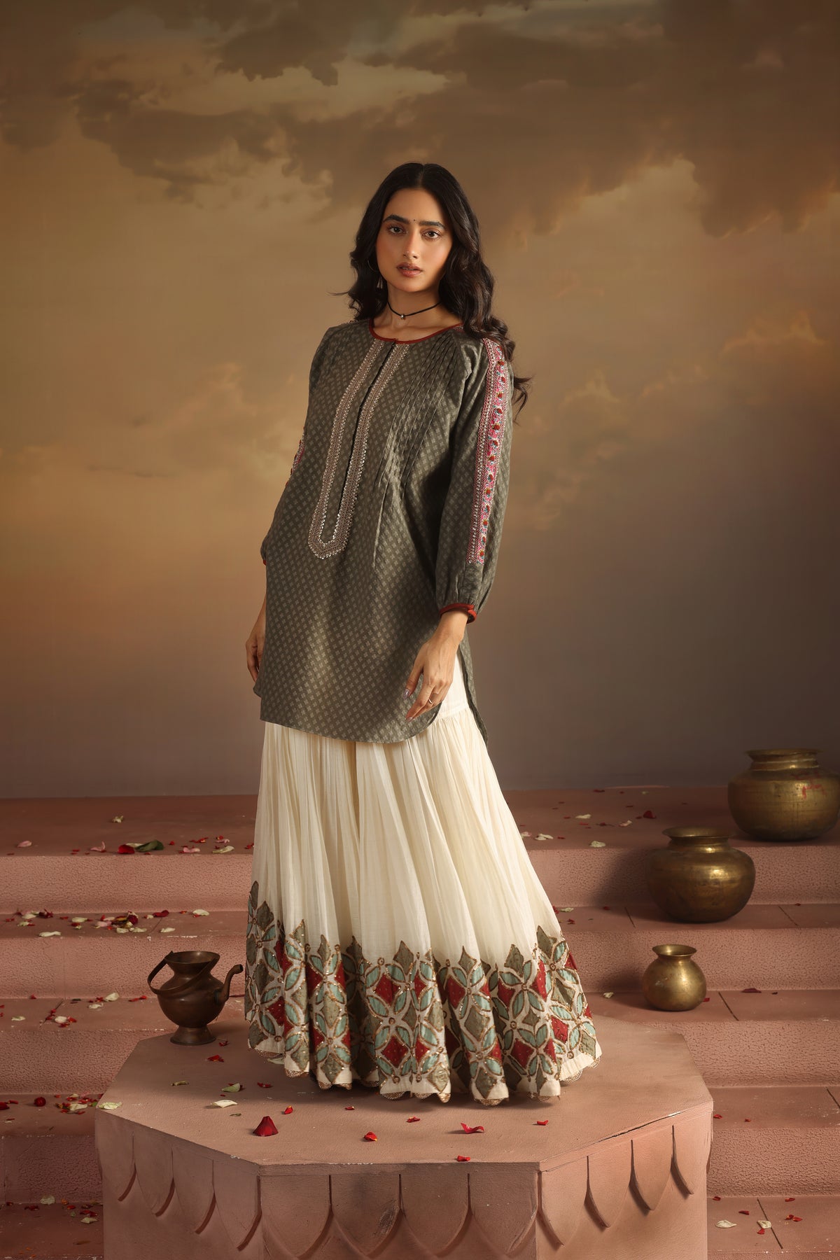 Kripa Grey Grey Kurta with Applique Gharara Set