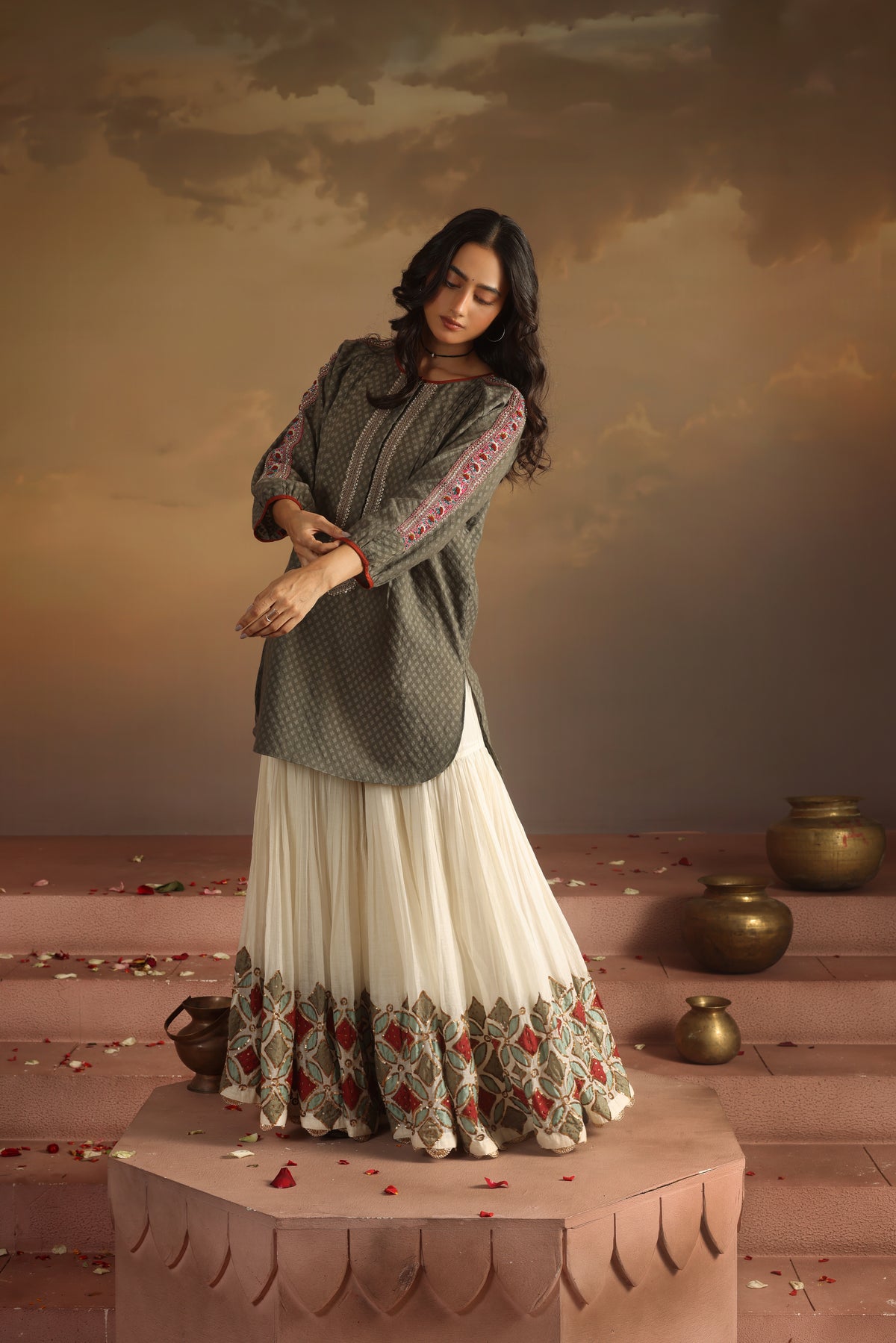 Kripa Grey Grey Kurta with Applique Gharara Set