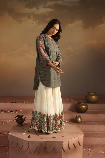 Kripa Grey Grey Kurta with Applique Gharara Set