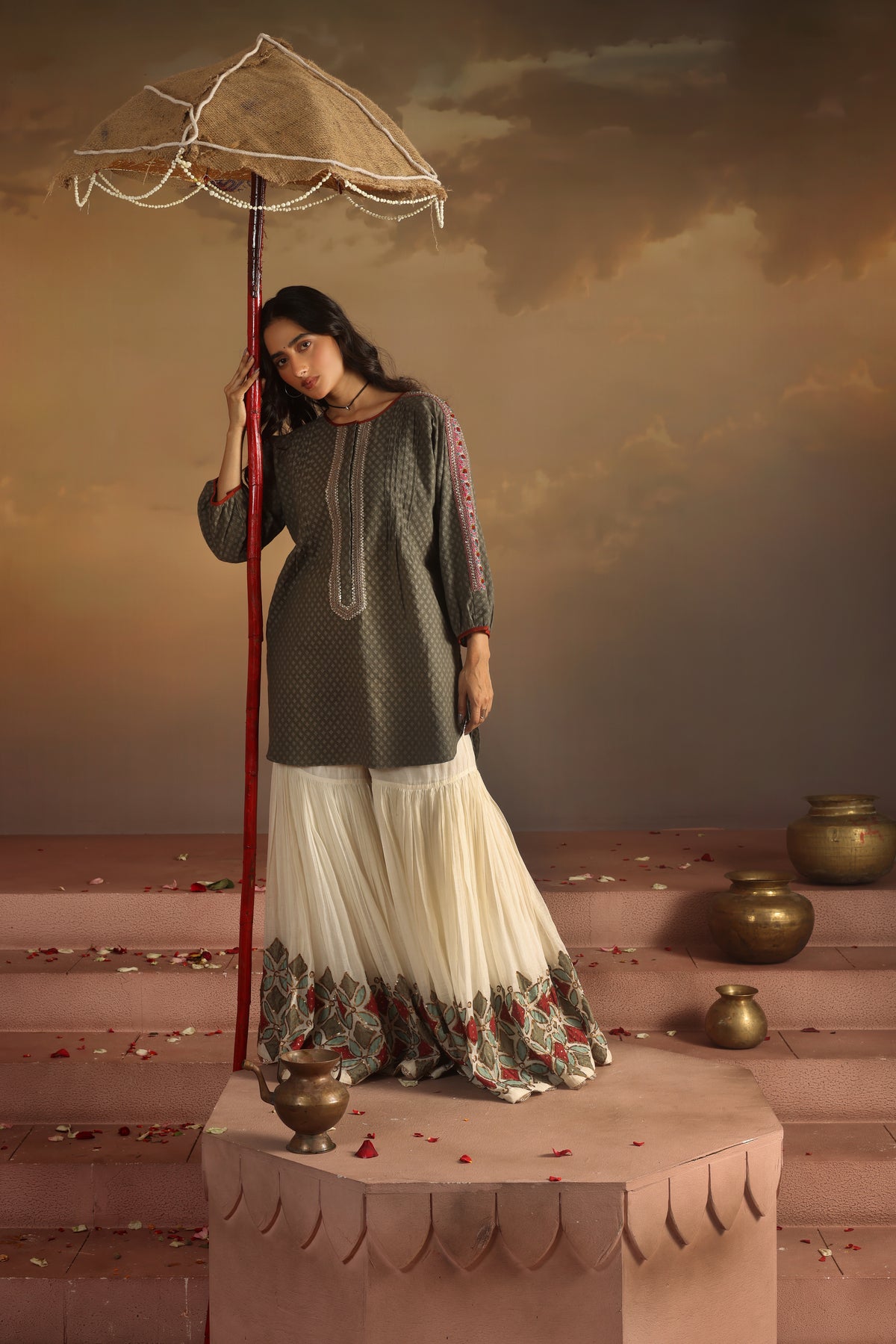 Kripa Grey Grey Kurta with Applique Gharara Set